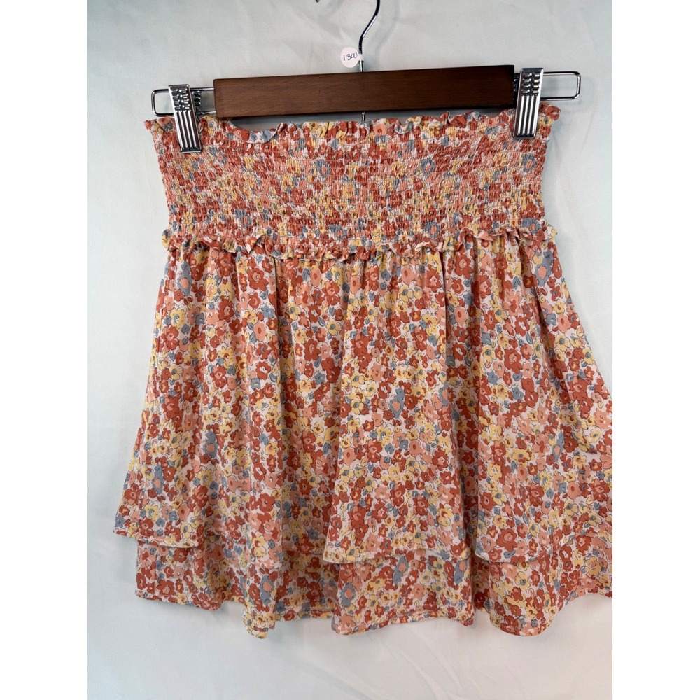 Rails XS Floral Smocked Tiered Mini Skirt Terracotta Blue Ruffle Rayon Blend
